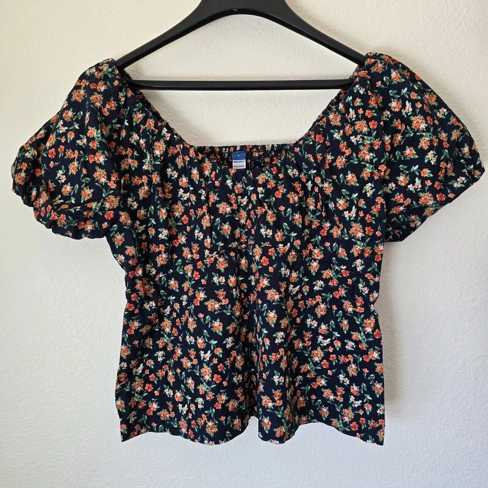 Old Navy Waist Defined Puff Sleeve Blouse Orange Floral Ditsy Smock Women Large